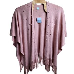 Orchid Row Pink Pearl Embellished Fringe Hem Acrylic‎ Open Front Poncho Cape